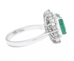4.00 Carats Natural Emerald and Diamond 18K Solid White Gold Ring