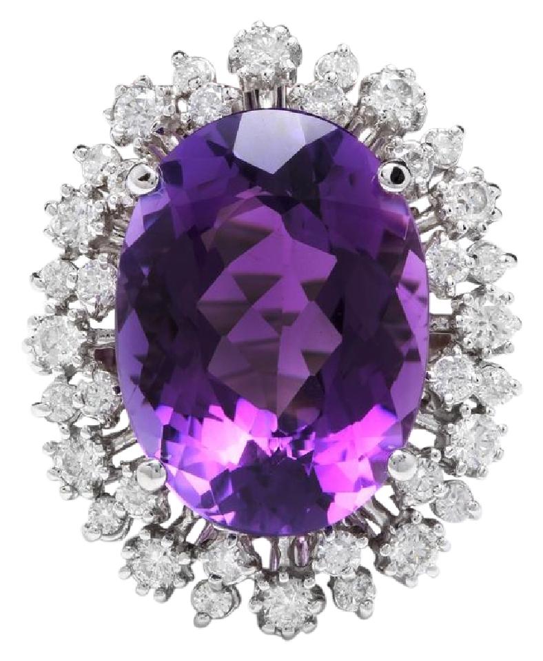 15.30 Carats Natural Amethyst and Diamond 14K Solid White Gold Ring