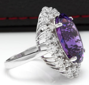 15.30 Carats Natural Amethyst and Diamond 14K Solid White Gold Ring