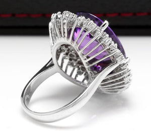 15.30 Carats Natural Amethyst and Diamond 14K Solid White Gold Ring
