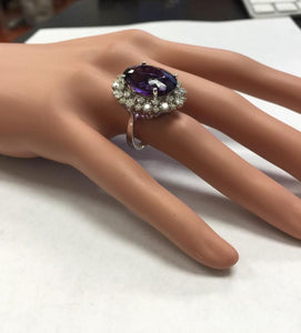 15.30 Carats Natural Amethyst and Diamond 14K Solid White Gold Ring