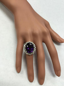 15.30 Carats Natural Amethyst and Diamond 14K Solid White Gold Ring