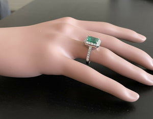 3.60 Carats Natural Emerald and Diamond 14K Solid White Gold Ring
