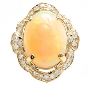 13.70 Carats Natural Ethiopian Opal and Diamond 14K Solid Yellow Gold Ring