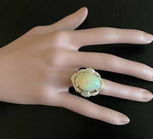 13.70 Carats Natural Ethiopian Opal and Diamond 14K Solid Yellow Gold Ring