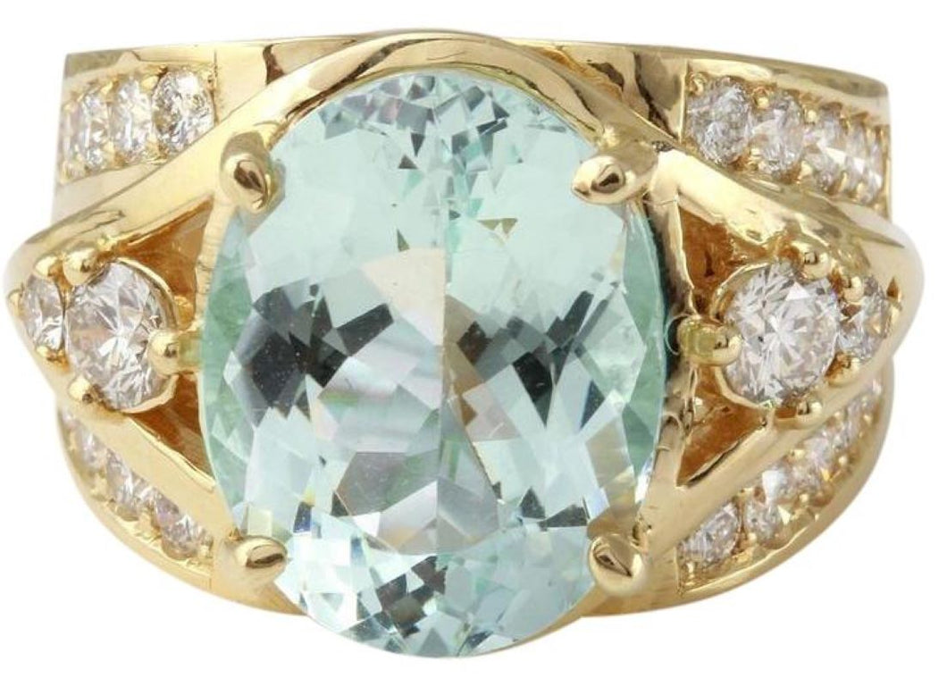 7.71 Carats Exquisite Natural Aquamarine and Diamond 14K Solid Yellow Gold Ring