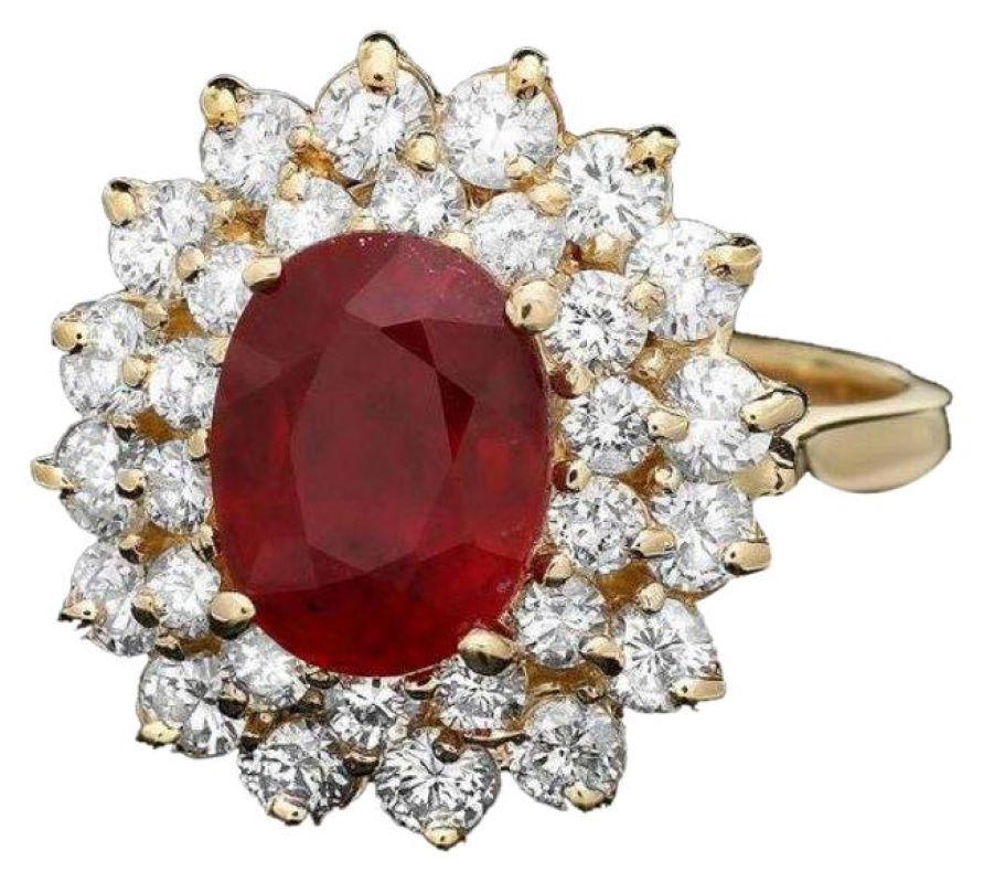 4.40 Carats Natural Red Ruby and Diamond 14K Solid Yellow Gold Ring