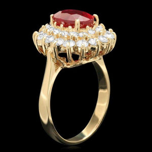 4.40 Carats Natural Red Ruby and Diamond 14K Solid Yellow Gold Ring