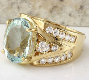 7.71 Carats Exquisite Natural Aquamarine and Diamond 14K Solid Yellow Gold Ring