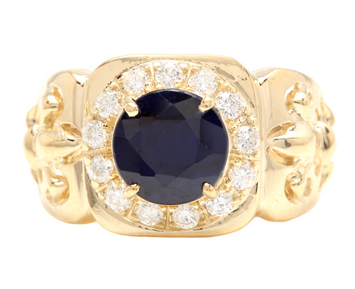 5.10 Carats Natural Diamond & Blue Sapphire 14K Solid Yellow Gold Men's Ring