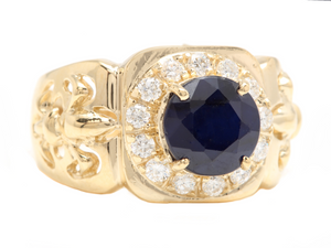5.10 Carats Natural Diamond & Blue Sapphire 14K Solid Yellow Gold Men's Ring