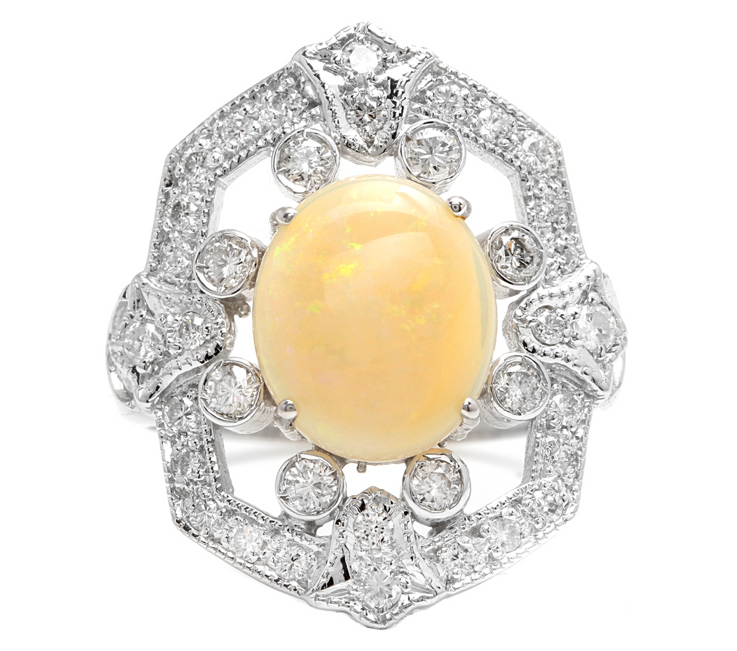 4.20ct Natural Australian Opal and Diamond 14k Solid White Gold Ring