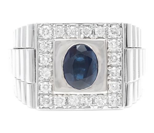 2.80 Carats Natural Diamond & Blue Sapphire 14K Solid White Gold Men's Ring