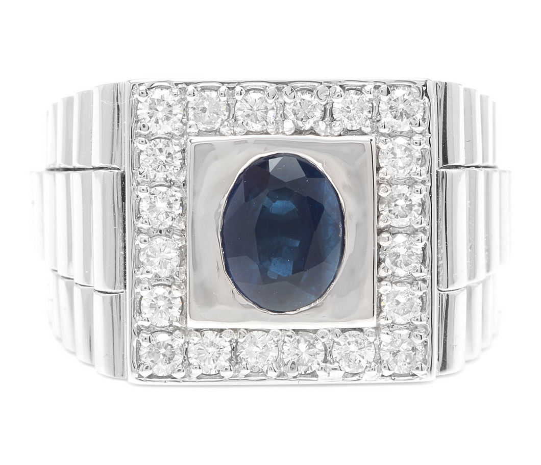 2.80 Carats Natural Diamond & Blue Sapphire 14K Solid White Gold Men's Ring