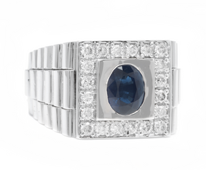 2.80 Carats Natural Diamond & Blue Sapphire 14K Solid White Gold Men's Ring