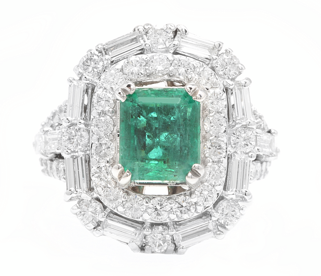 5.40 Carats Natural Emerald and Diamond 14K Solid White Gold Ring
