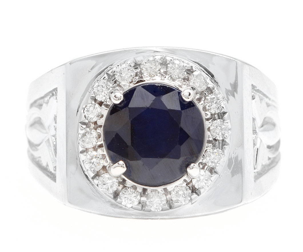 4.50 Carats Natural Diamond & Blue Sapphire 14K Solid White Gold Men's Ring
