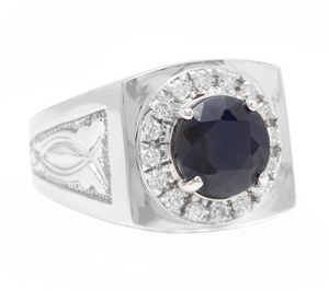 4.50 Carats Natural Diamond & Blue Sapphire 14K Solid White Gold Men's Ring