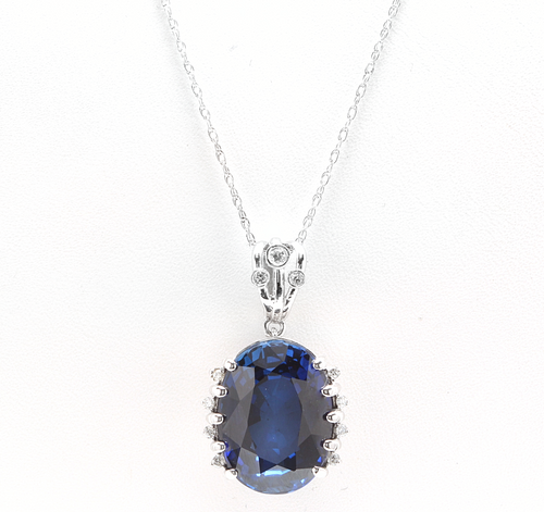 13.20Ct Lab Created Sapphire and Diamond 14K Solid White Gold Necklace