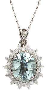 5.70Ct Natural Aquamarine and Diamond 14K Solid White Gold Necklace