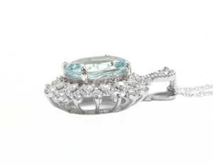 5.70Ct Natural Aquamarine and Diamond 14K Solid White Gold Necklace
