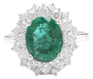 4.50 Carats Natural Emerald and Diamond 14K Solid White Gold Ring