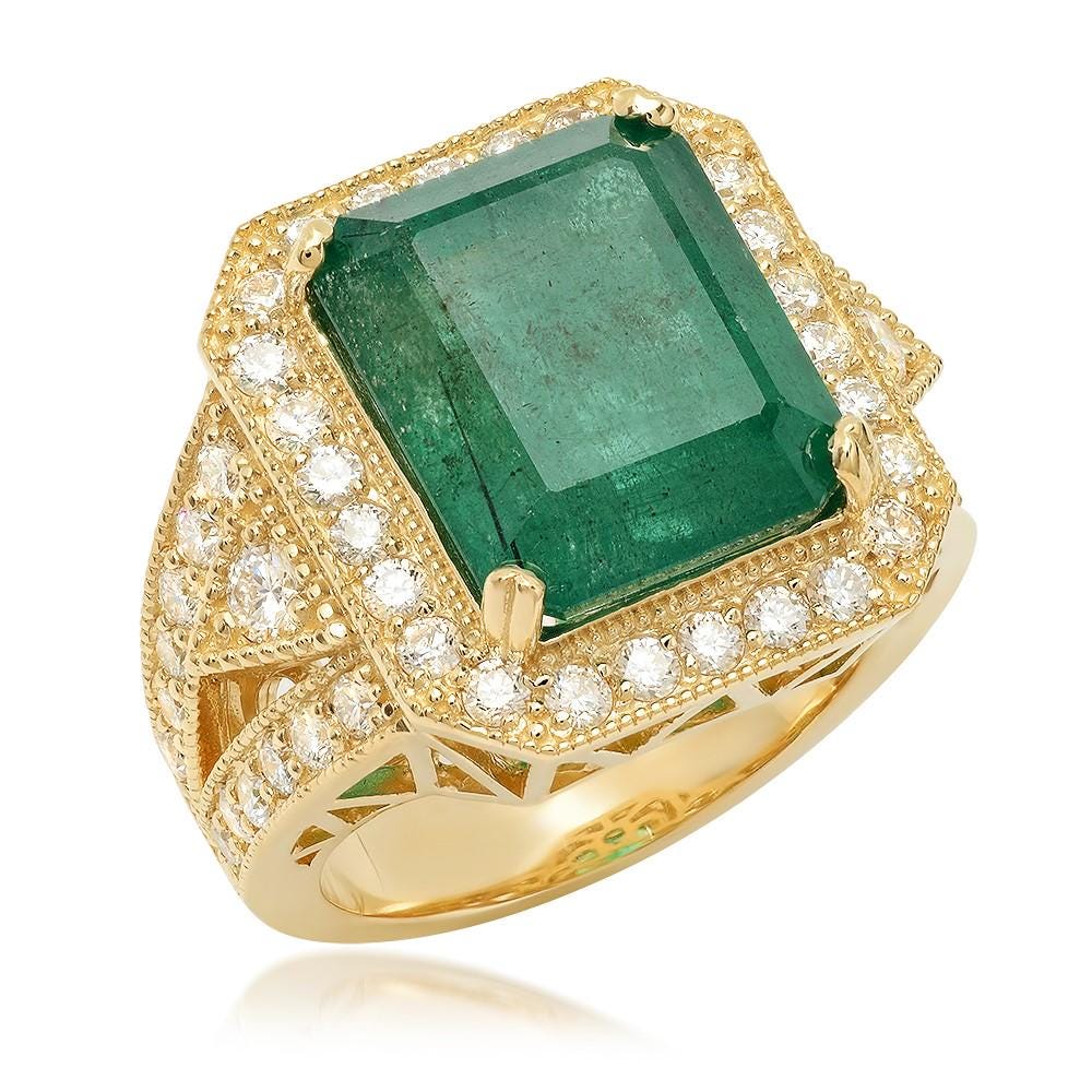 9.40 Carats Natural Emerald and Diamond 14K Solid Yellow Gold Ring