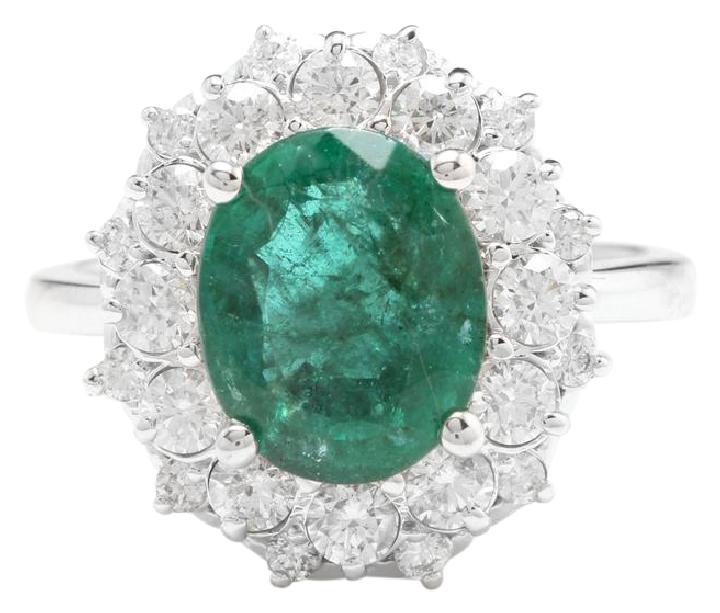 4.50 Carats Natural Emerald and Diamond 14K Solid White Gold Ring