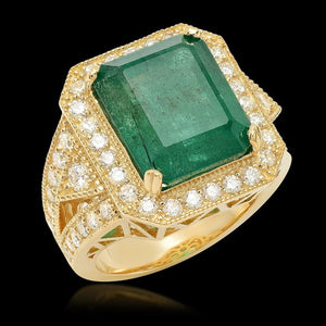 9.40 Carats Natural Emerald and Diamond 14K Solid Yellow Gold Ring
