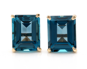 Exquisite Top Quality 8.00 Carats Natural London Blue Topaz 14K Solid Yellow Gold Stud Earrings