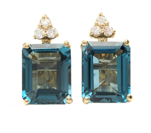 8.14ct Natural London Blue Topaz and Diamond 14K Yellow Gold Earrings