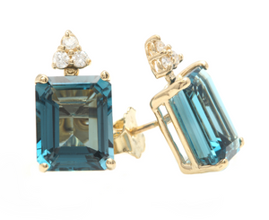 8.14ct Natural London Blue Topaz and Diamond 14K Yellow Gold Earrings