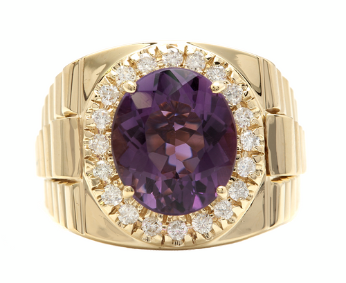 9.60 Carats Natural Amethyst and Diamond 14K Solid Yellow Gold Men's Ring