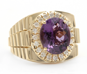 9.60 Carats Natural Amethyst and Diamond 14K Solid Yellow Gold Men's Ring