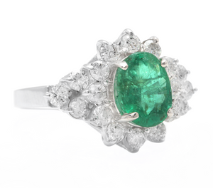 3.60 Carats Natural Emerald and Diamond 14K Solid White Gold Ring