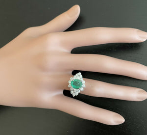 3.60 Carats Natural Emerald and Diamond 14K Solid White Gold Ring