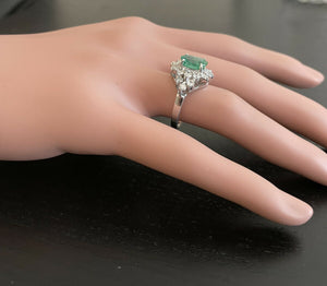 3.60 Carats Natural Emerald and Diamond 14K Solid White Gold Ring