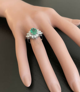 3.60 Carats Natural Emerald and Diamond 14K Solid White Gold Ring