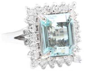 5.30 Carats Natural Aquamarine and Diamond 14K Solid White Gold Ring