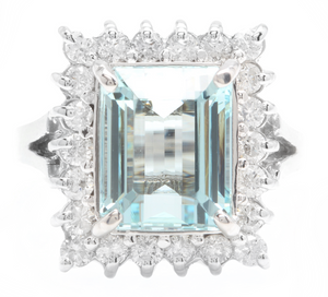 5.30 Carats Natural Aquamarine and Diamond 14K Solid White Gold Ring