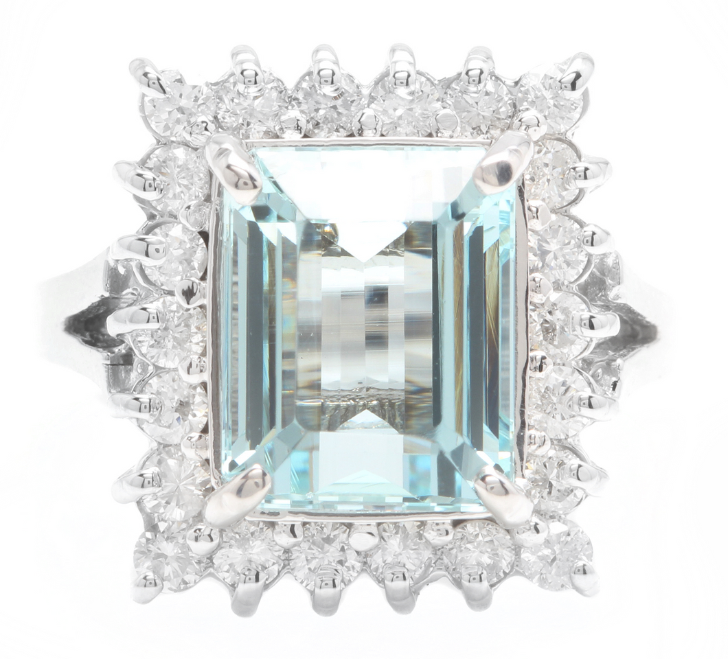 5.30 Carats Natural Aquamarine and Diamond 14K Solid White Gold Ring