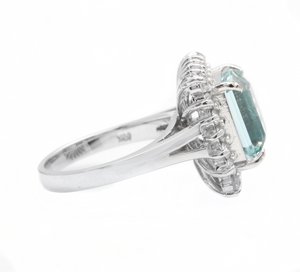 5.30 Carats Natural Aquamarine and Diamond 14K Solid White Gold Ring