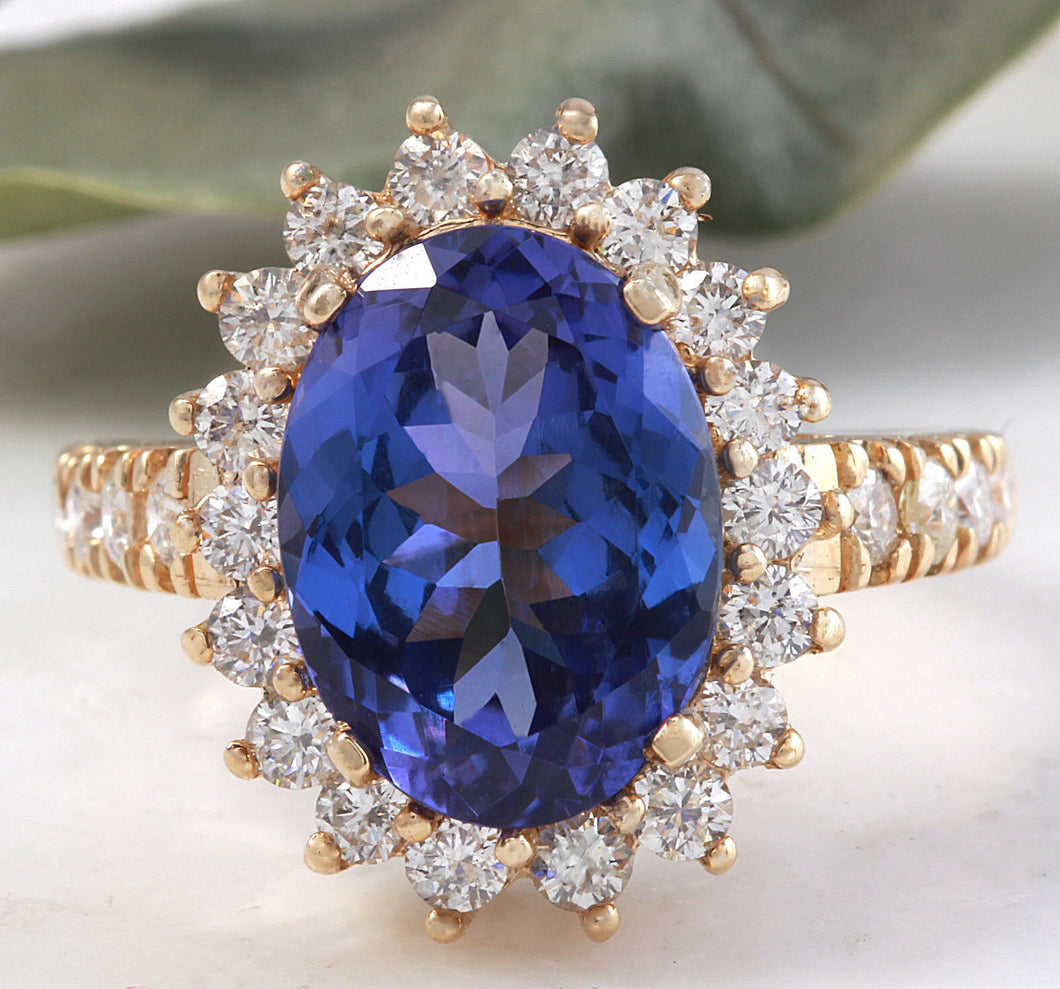 5.25 Carats Natural Very Nice Looking Tanzanite and Diamond 14K Solid Yellow Gold Ring