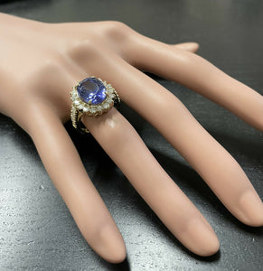 5.25 Carats Natural Very Nice Looking Tanzanite and Diamond 14K Solid Yellow Gold Ring