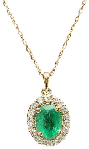 2.45Ct Natural Emerald and Diamond 14K Solid Yellow Gold Necklace