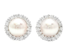 Load image into Gallery viewer, Exquisite Natural Cultured Pearl and Diamond 14K Solid White Gold Stud Earrings