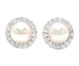 Exquisite Natural Cultured Pearl and Diamond 14K Solid White Gold Stud Earrings