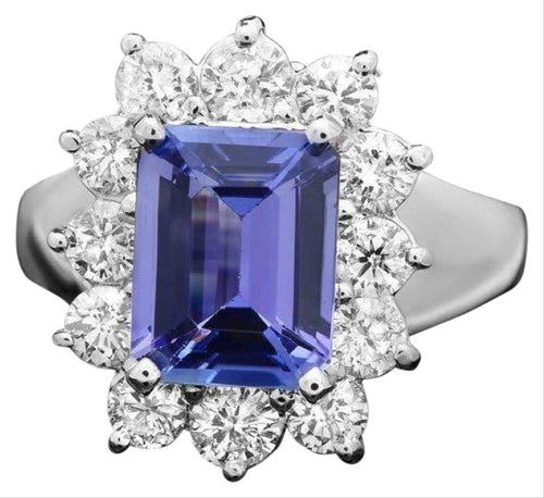3.50 Carats Natural Tanzanite and Diamond 14k Solid White Gold Ring