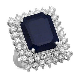 12.00 Carats Natural Blue Sapphire and Diamond 14K Solid White Gold Ring