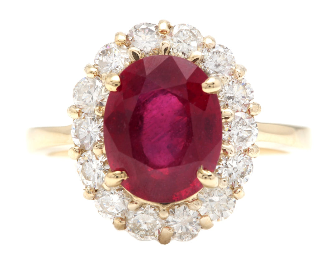 5.50 Carats Impressive Red Ruby and Natural Diamond 14K Yellow Gold Ring